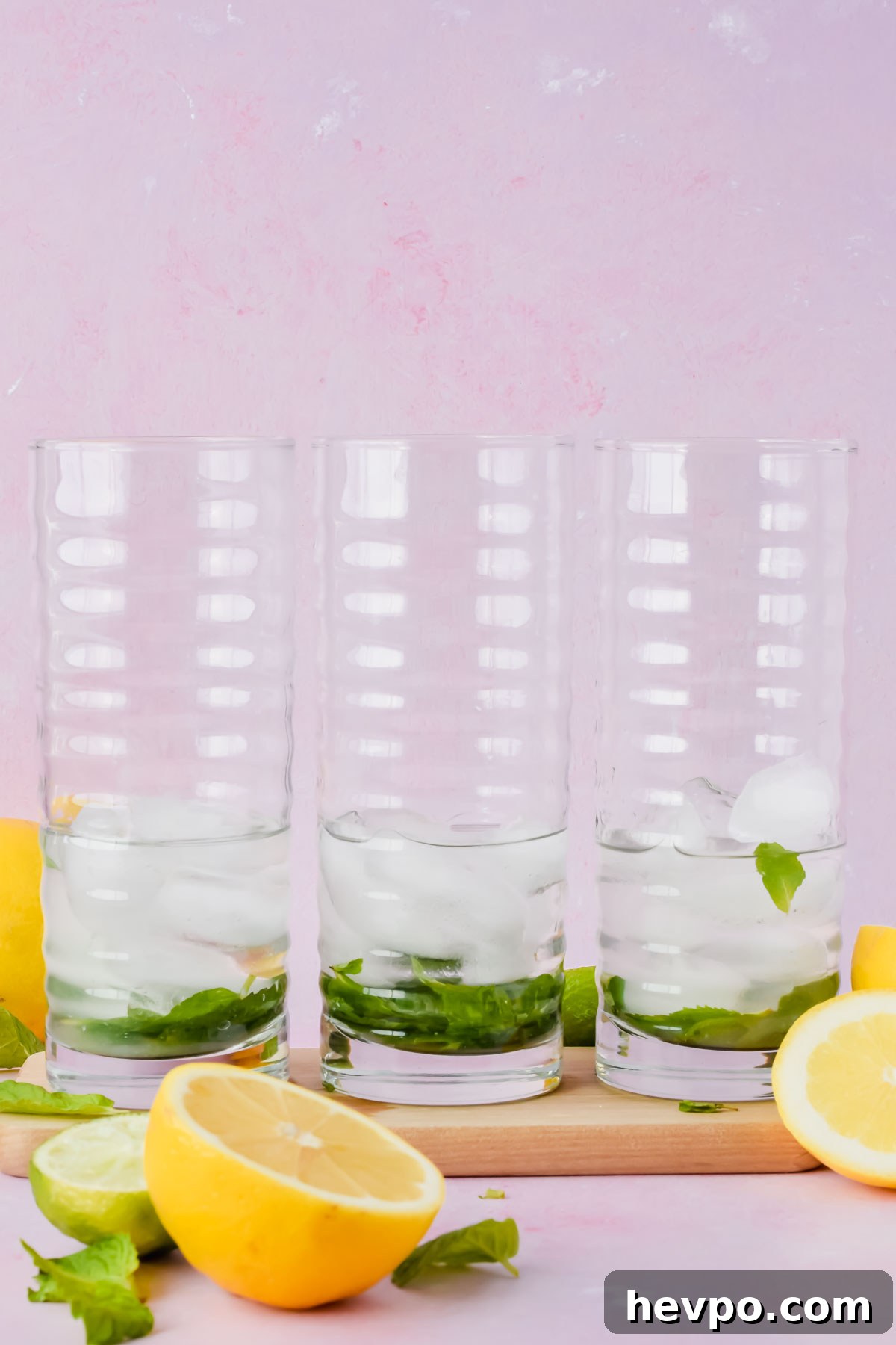 Lemonade Mojito Recipe: Refreshing Low-Calorie Twist 7 ice, rum, and muddled mint in three cocktail glasses with pink background.