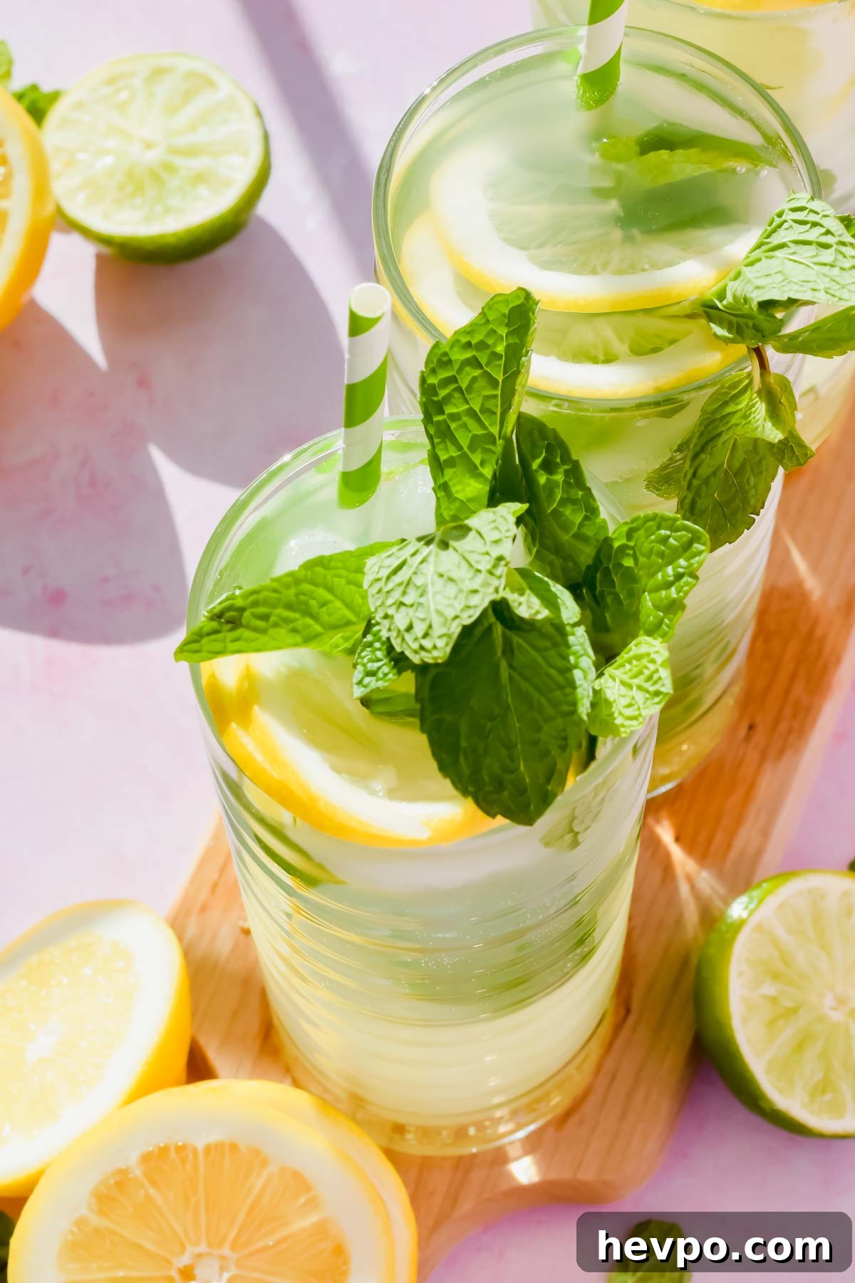 Lemonade Mojito Recipe: Refreshing Low-Calorie Twist 8 two lemonade mojitos garnished with fresh mint and lemon slices in tall glasses on pink background.