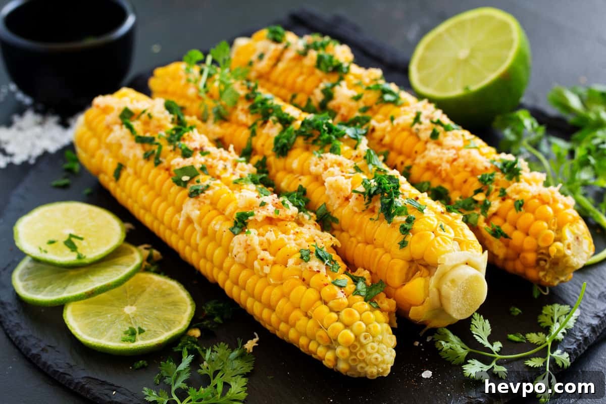 Smoked Corn on the Cob with Garlic Butter Glaze 9 corn with cheese, cilantro and limes on black board