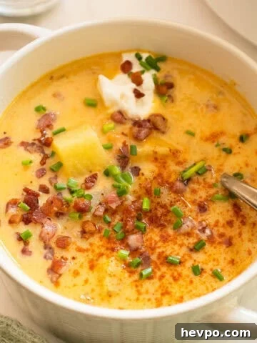 Creamy potato and onion soup topped with pancetta, chives, and sour cream.