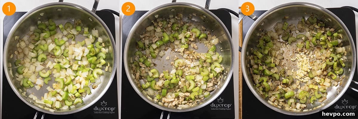 Sauteing celery, onion, mushrooms, and garlic in a saucepan.