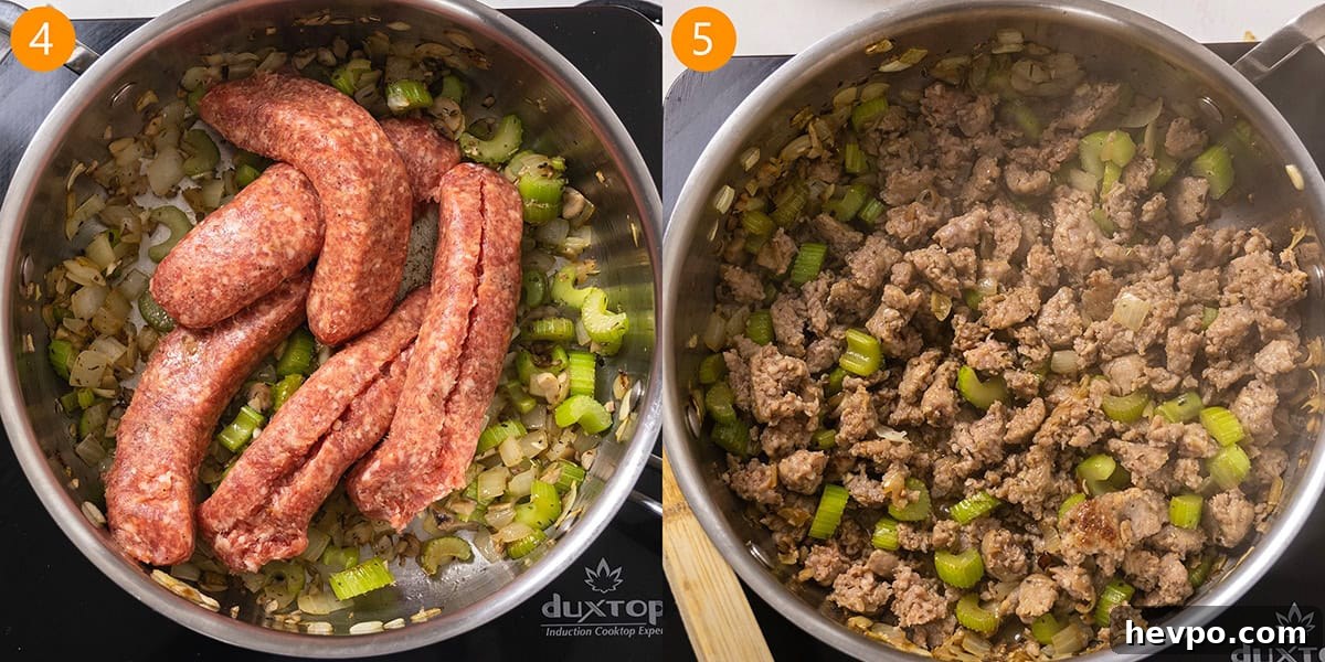 Ground sausage added to pan with vegetables to brown.