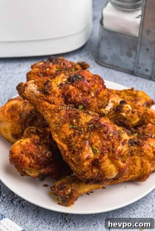 Crispy air fryer chicken drumsticks on a plate.