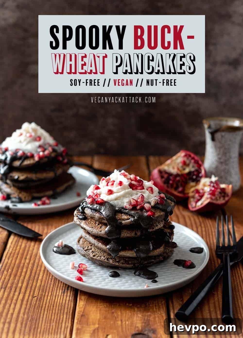 Gluten-Free Buckwheat Pancakes for a Spooky Halloween Breakfast 2 These Spooky Buckwheat Pancakes are eye-catching and delicious! Fluffy pancakes drizzled with a sweet black sesame sauce and topped with pomegranates, what more could you want? #Vegan #nutfree #glutenfreeoption #soyfree #halloween #veganrecipes