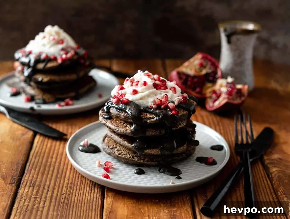 Gluten-Free Buckwheat Pancakes for a Spooky Halloween Breakfast 7 These Spooky Buckwheat Pancakes are eye-catching and delicious! Fluffy pancakes drizzled with a sweet black sesame sauce and topped with pomegranates, what more could you want? #Vegan #nutfree #glutenfreeoption #soyfree #halloween #veganrecipes