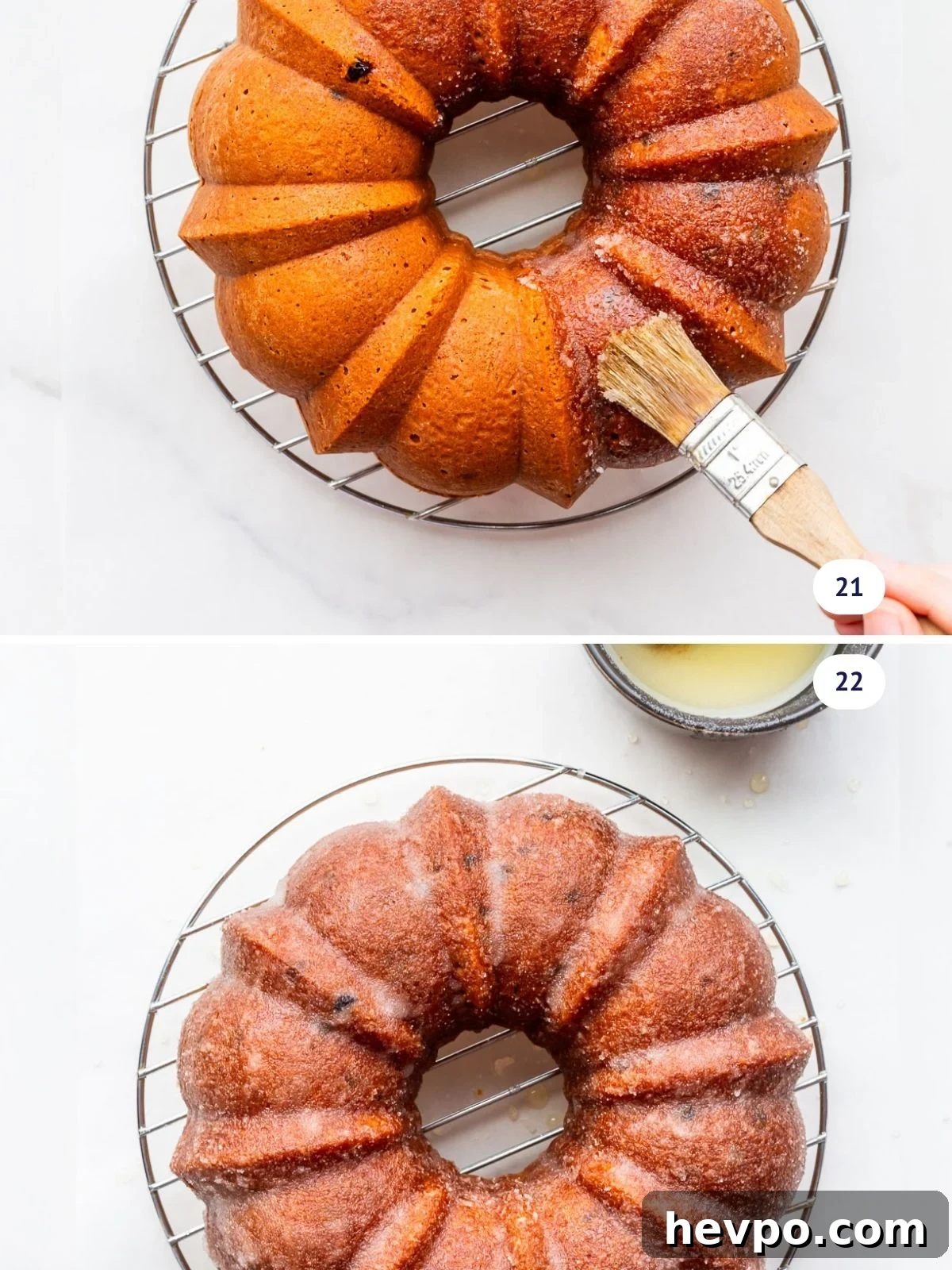 Brushing surface of bundt cake (set on a wire rack) with rum glaze using a pastry brush.