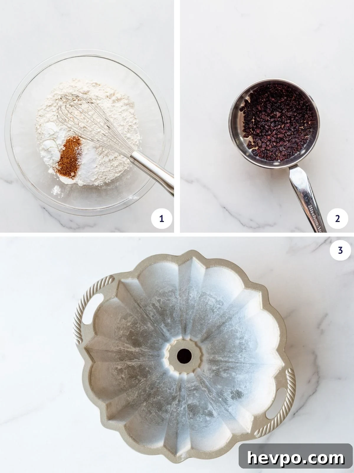 Whisking dry ingredients and soaking dried currants in rum while greasing and flouring a bundt pan.