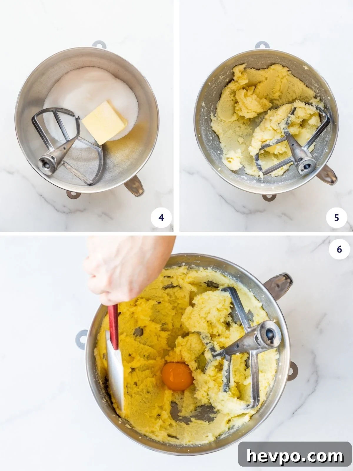 Creaming the butter and sugar before adding the eggs to make cake batter in a mixer bowl.