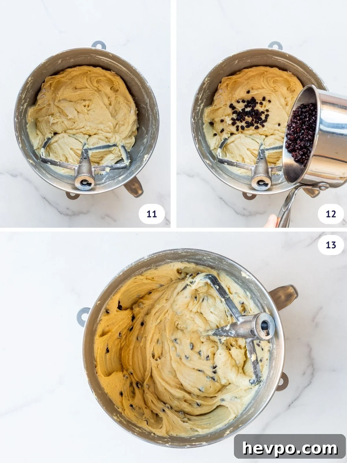 Incorporating the rum-soaked dried currants to finish the eggnog cake batter.