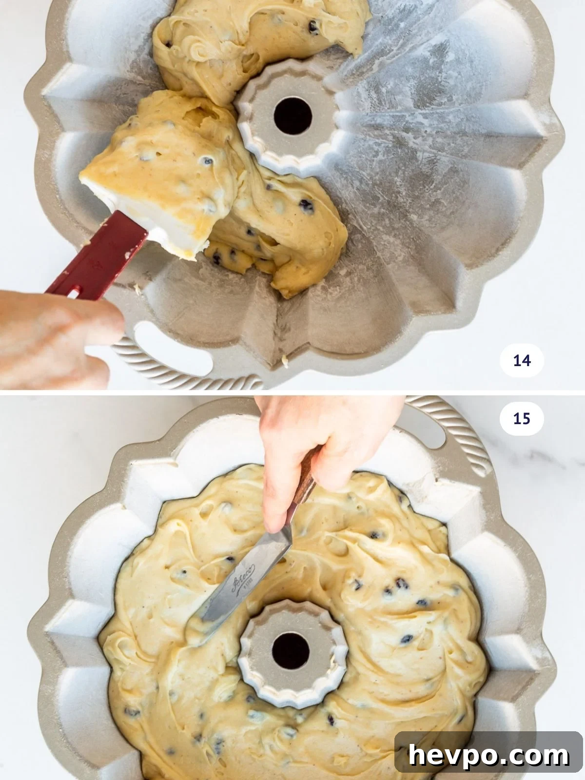 Filling a bundt pan with cake batter, dolloping it into the bottom to fill the nooks and crannies before filling and smoothing the top with an offset spatula.
