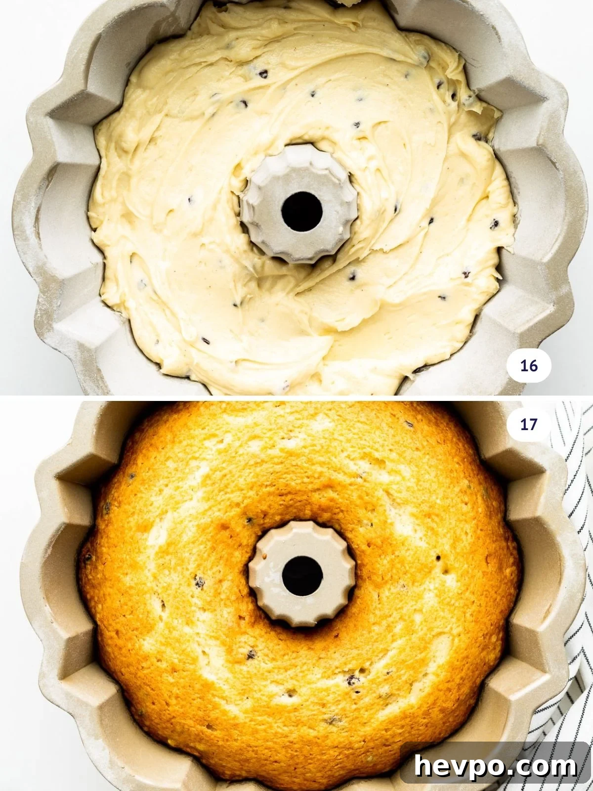 Eggnog bundt cake before and after baking.