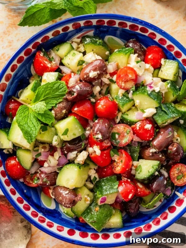 Mediterranean cucumber salad in a serving bowl.