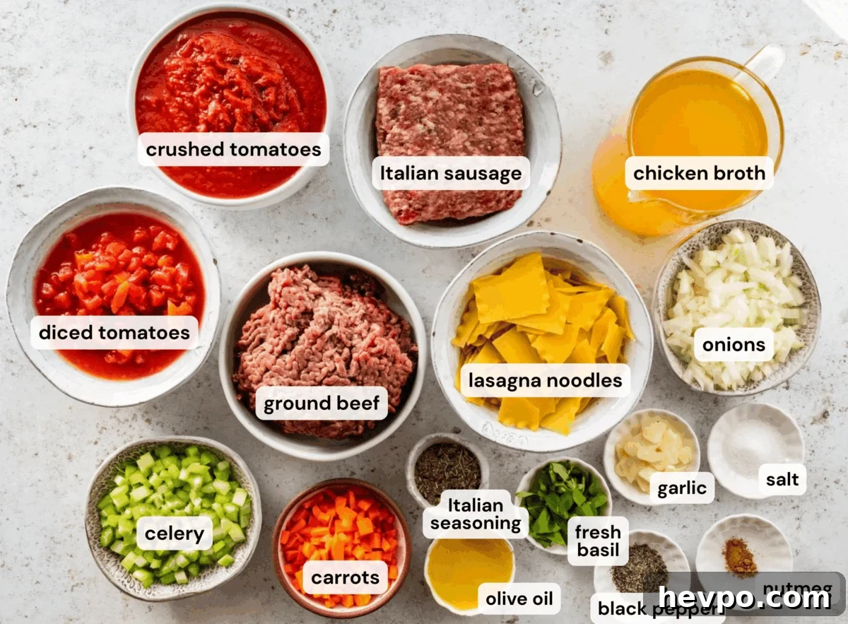 lasagna soup ingredients each in separate bowls.