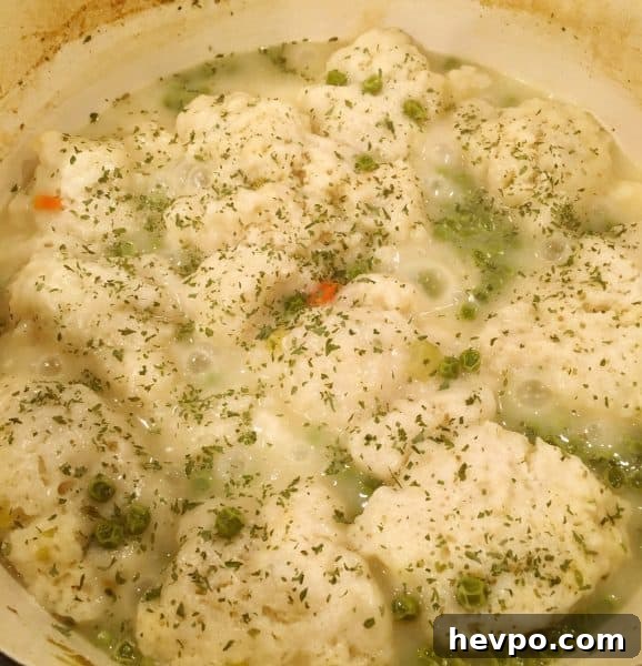 Pot full of creamy chicken and dumplings
