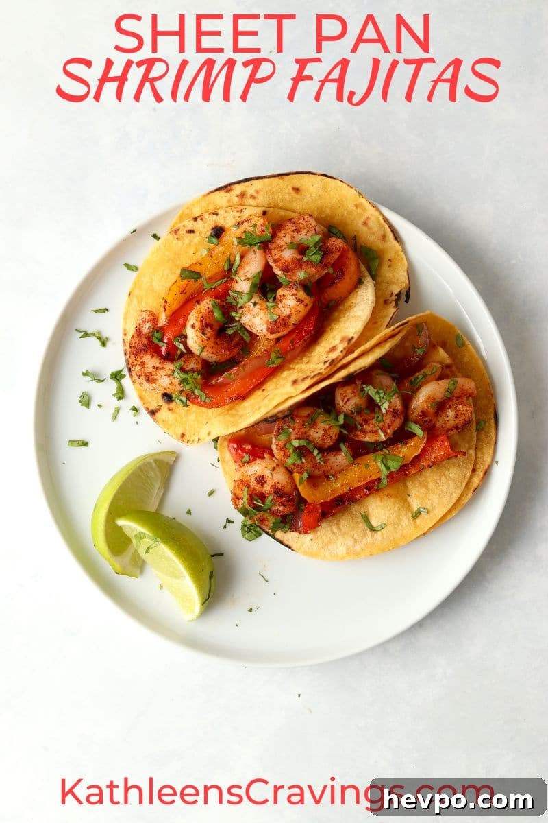 Sheet Pan Shrimp Fajitas with Peppers and Lime Butter 2 shrimp fajitas in corn tortillas