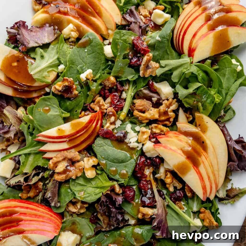 Maple Bacon Recipe with Just 2 Ingredients 18 A close-up of a fresh salad with mixed greens, apple slices, walnuts, cranberries, cheese chunks, and drizzled with a dark dressing.