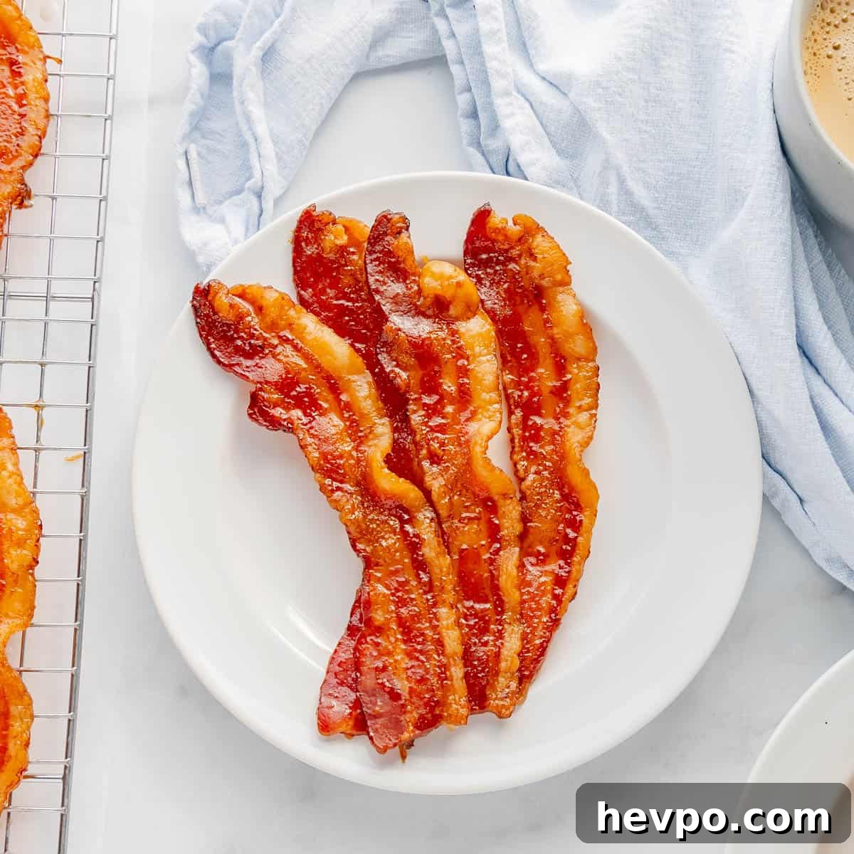 Maple Bacon Recipe with Just 2 Ingredients 19 Three strips of cooked bacon on a white plate next to a light blue cloth.