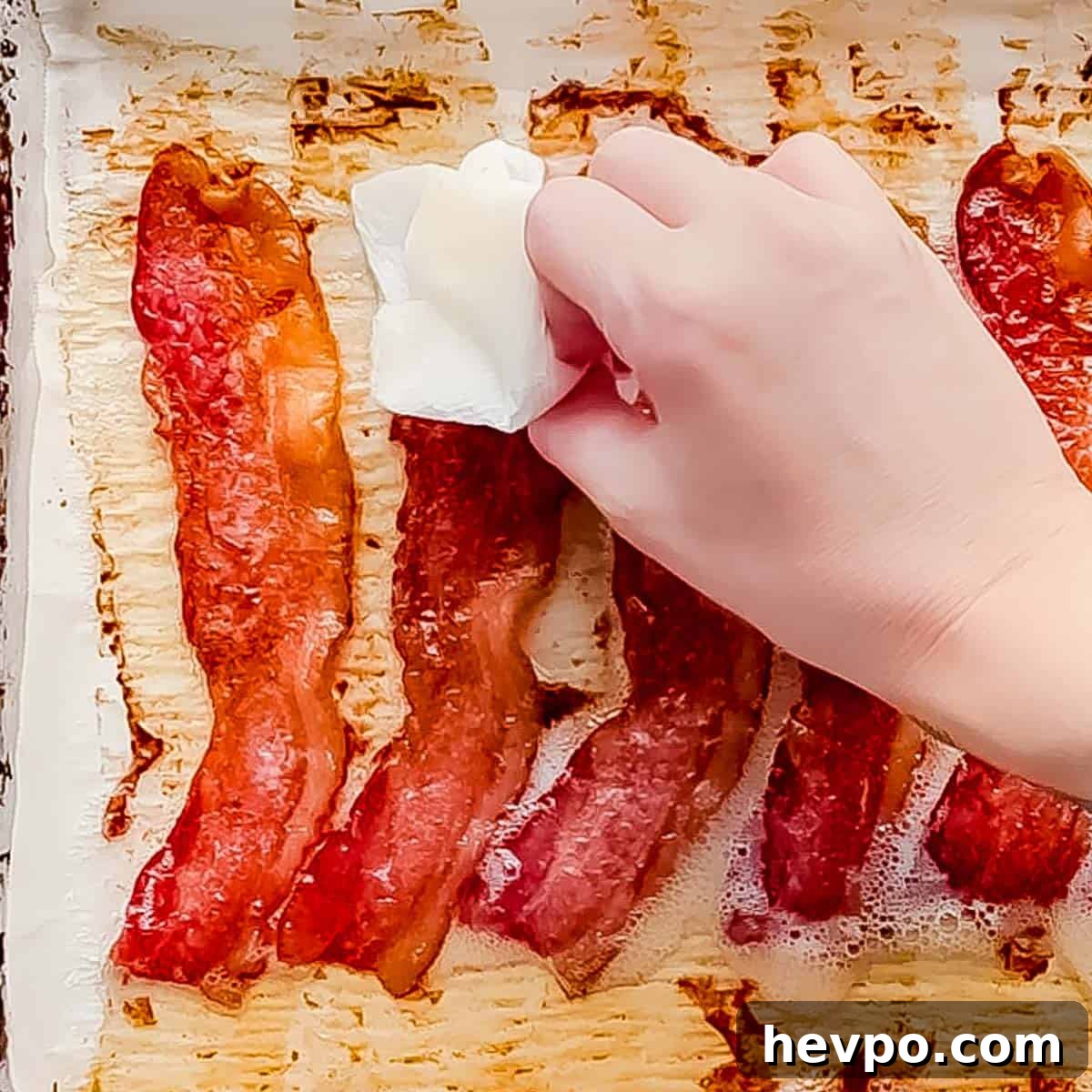 Maple Bacon Recipe with Just 2 Ingredients 6 A hand uses a paper towel to blot grease from maple bacon slices, fresh from the oven, resting on a baking sheet.