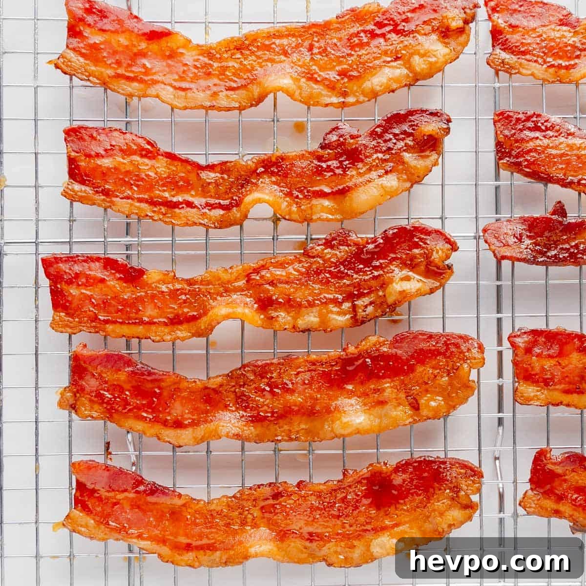 Maple Bacon Recipe with Just 2 Ingredients 9 Maple bacon strips sizzling to perfection rest on a cooling rack, set against a pristine white surface.