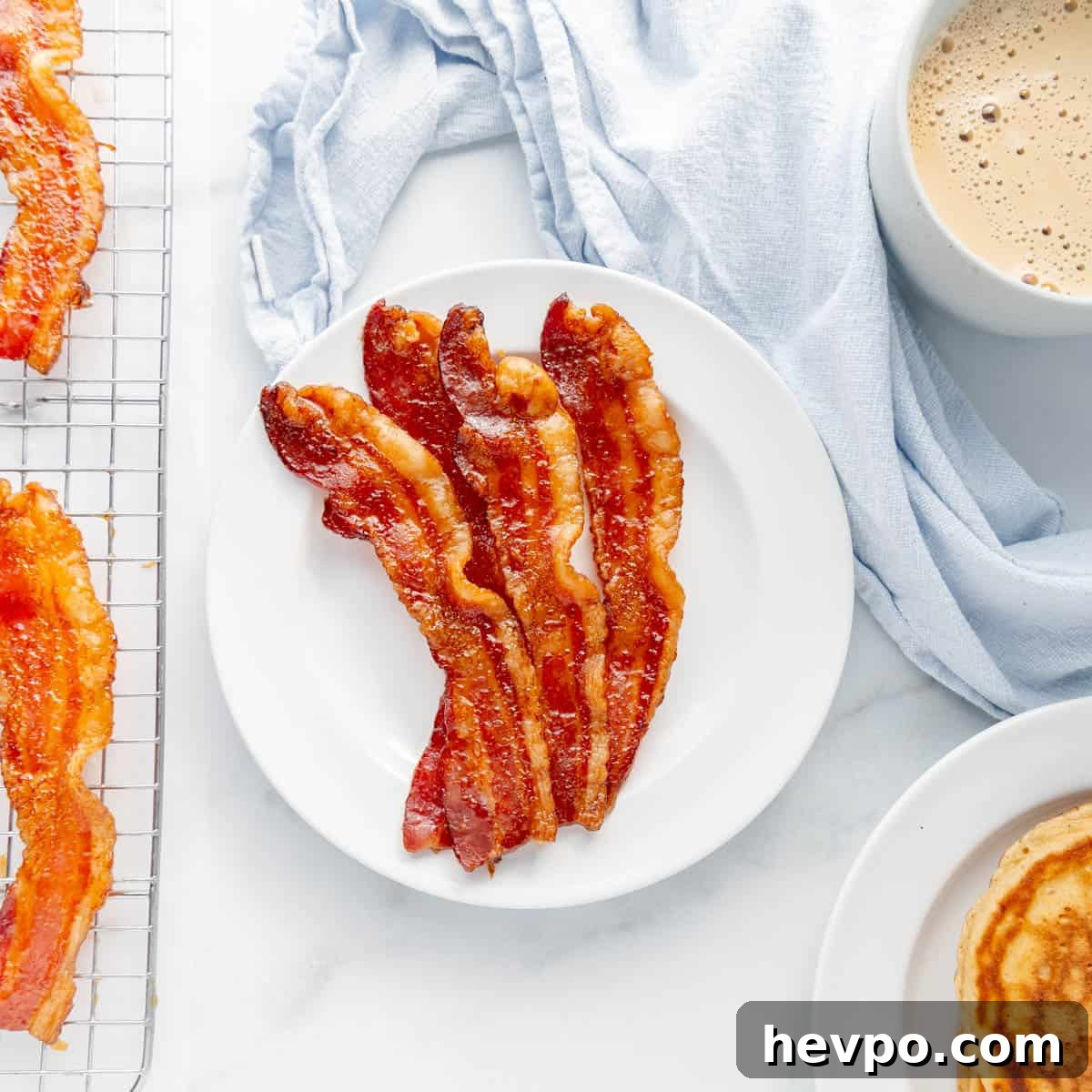 Maple Bacon Recipe with Just 2 Ingredients 10 A plate with crispy bacon strips next to a cup of coffee and a light blue cloth.