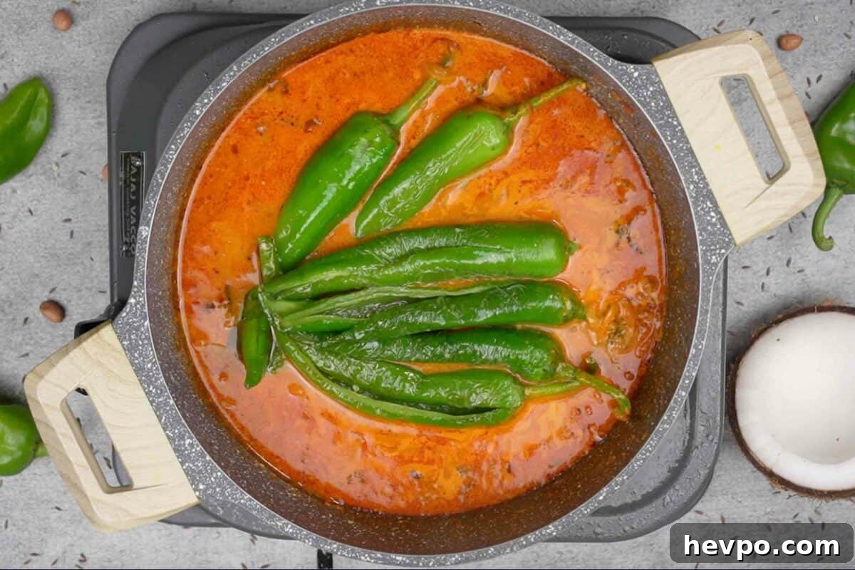 Mirchi Ka Salan (Biryani Salan) Recipe — Spicy Hyderabadi Chili Curry 10 Fried chilies added to the pan.