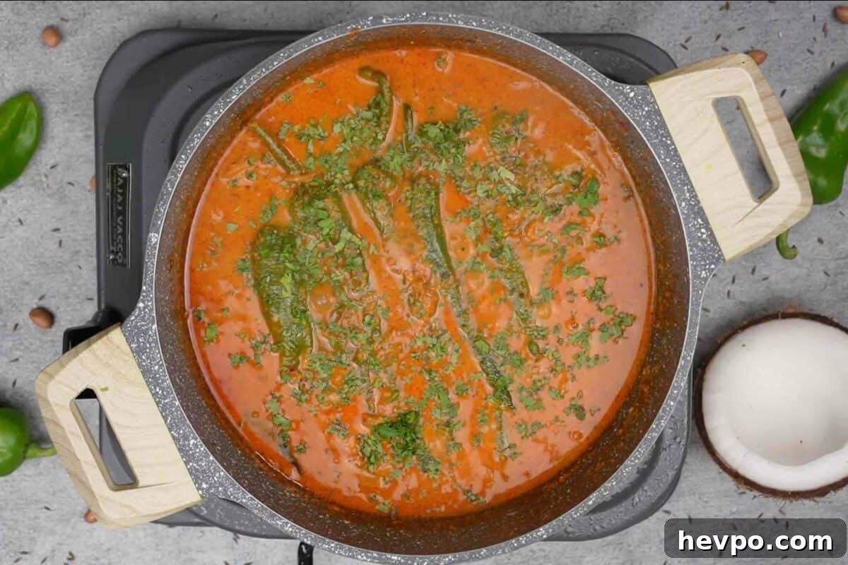 Mirchi Ka Salan (Biryani Salan) Recipe — Spicy Hyderabadi Chili Curry 11 Ready mirchi ka salan garnished with chopped cilantro.