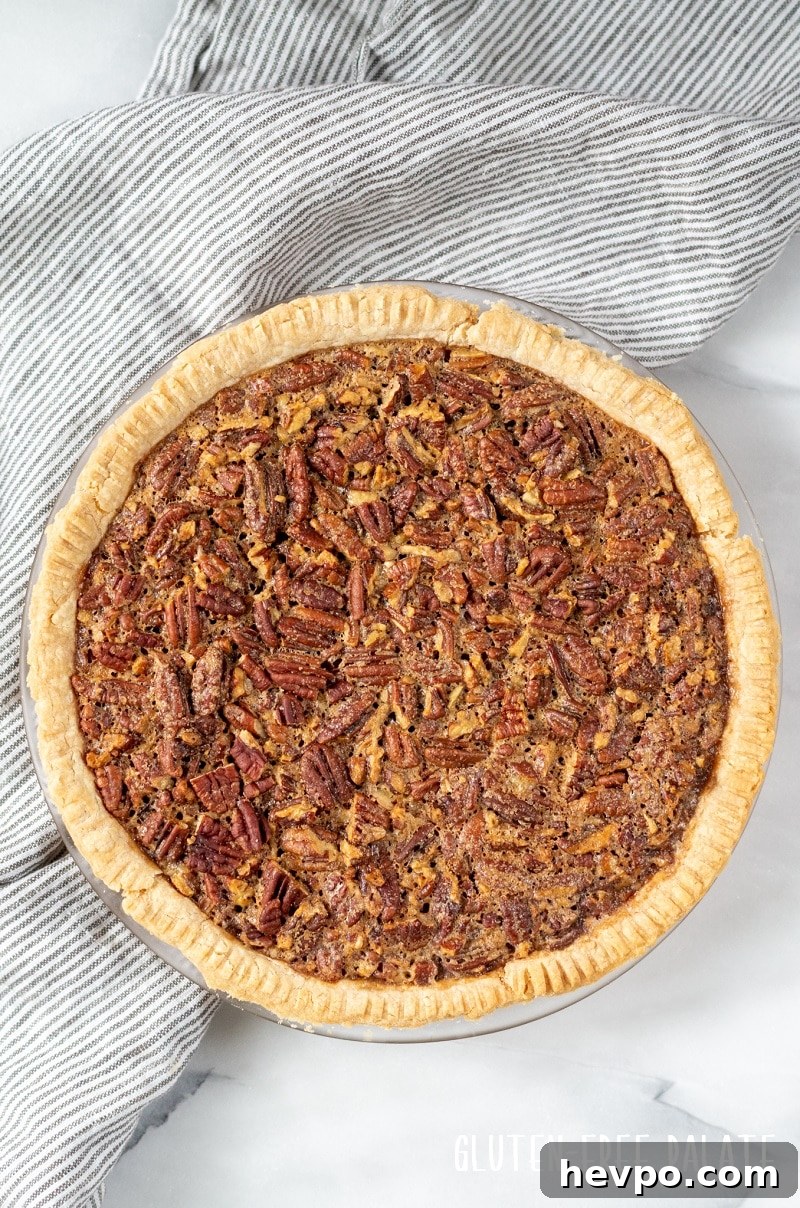 Gluten-Free Pecan Pie Recipe — Classic Southern Dessert 6 top down view of a whole gluten free pecan pie
