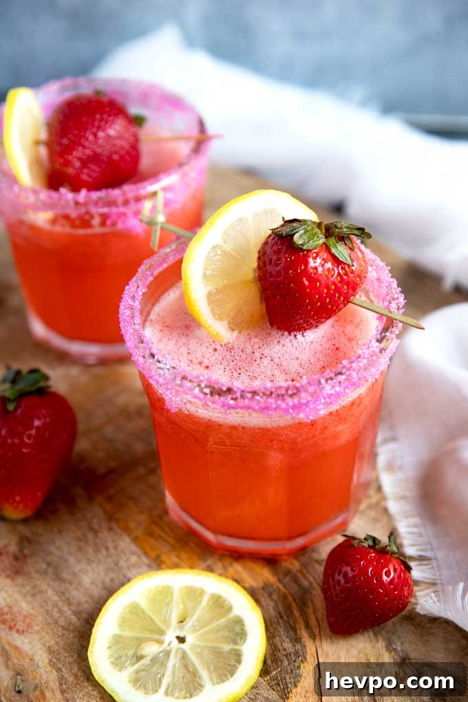 Strawberry Lemonade Vodka Cocktail Recipe for Summer Sipping 2 Two glasses of refreshing Strawberry Lemonade Vodka Cocktail garnished with fresh strawberries and lemon slices on a wooden surface