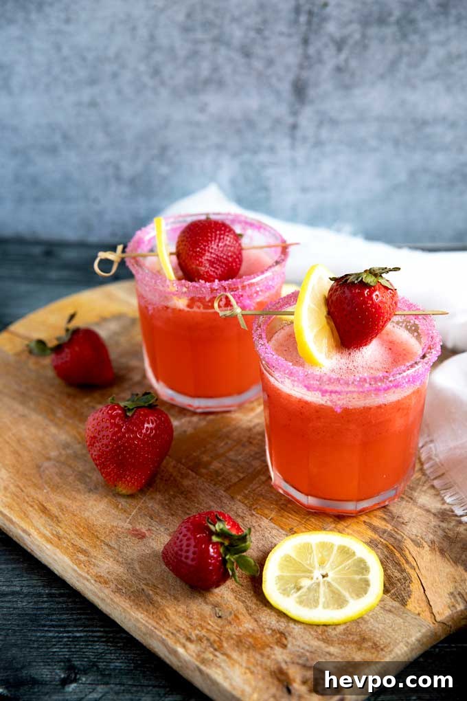 Strawberry Lemonade Vodka Cocktail Recipe for Summer Sipping 7 Strawberry Lemonade Vodka cocktail served in short glasses on top of a wooden board