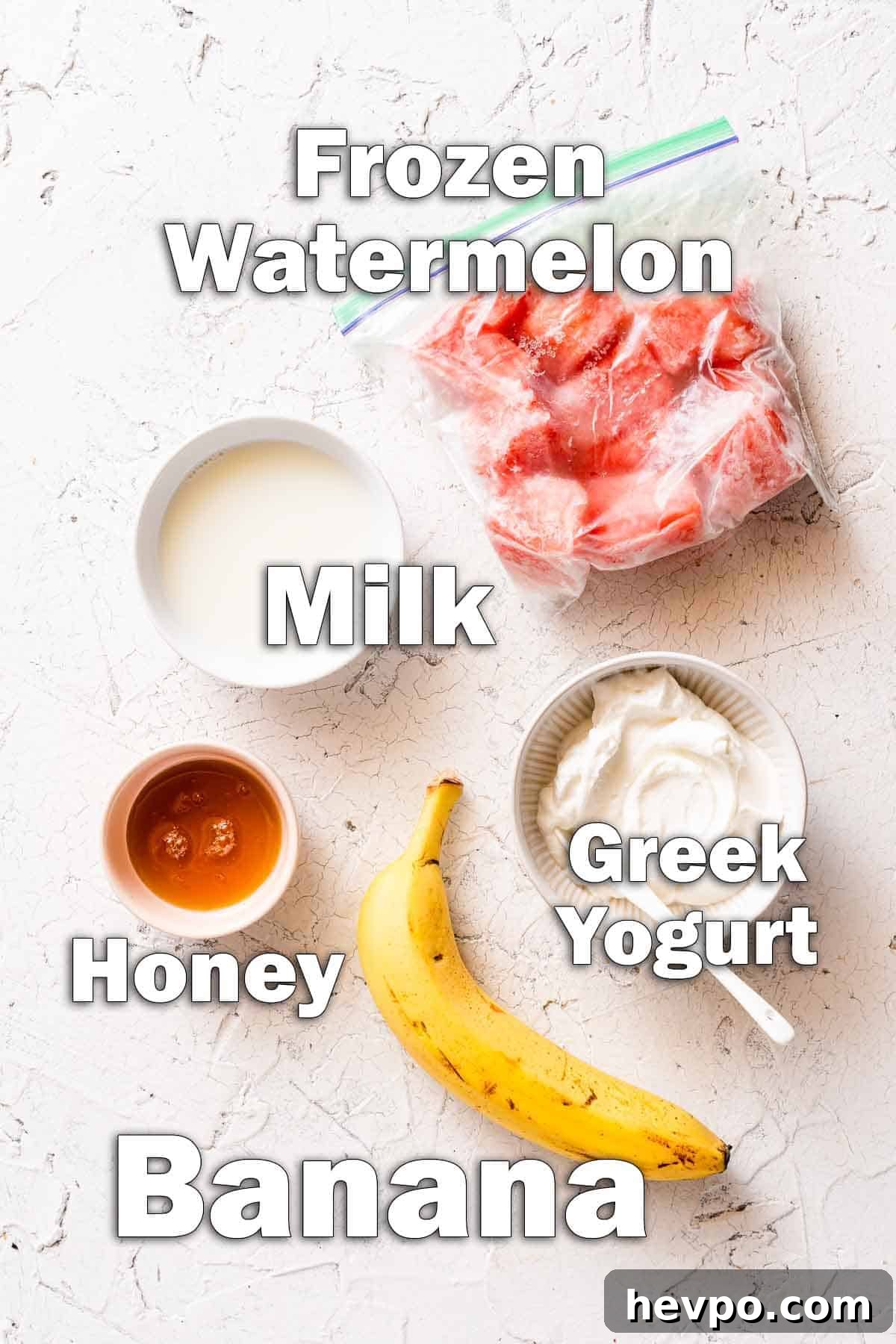 ingredients for banana watermelon smoothie on white background with text labels