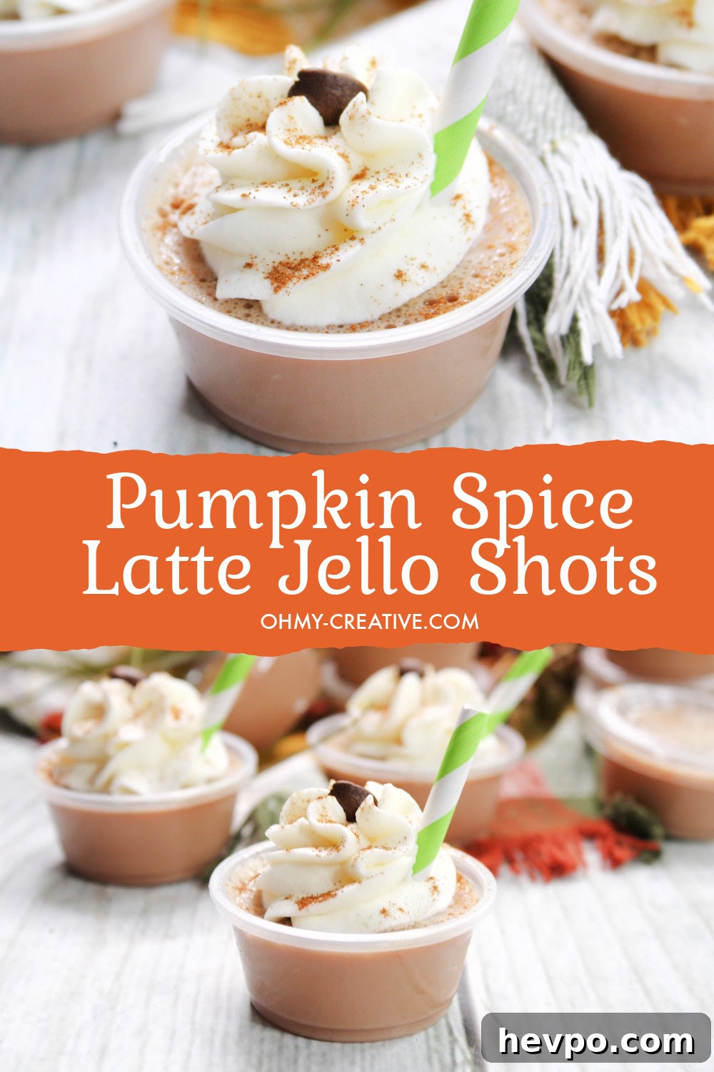 A close up view of a yummy pumpkin spice latte jello shots topped with whipped cream and dusted with cinnamon!