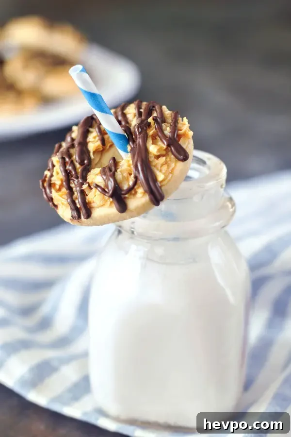 a single Samoa Girl Scout Cookie (shortbread with coconut caramel and a chocolate drizzle) sitting on top of a small glass milk bottle, with a blue and white striped straw through the hole of the cookie