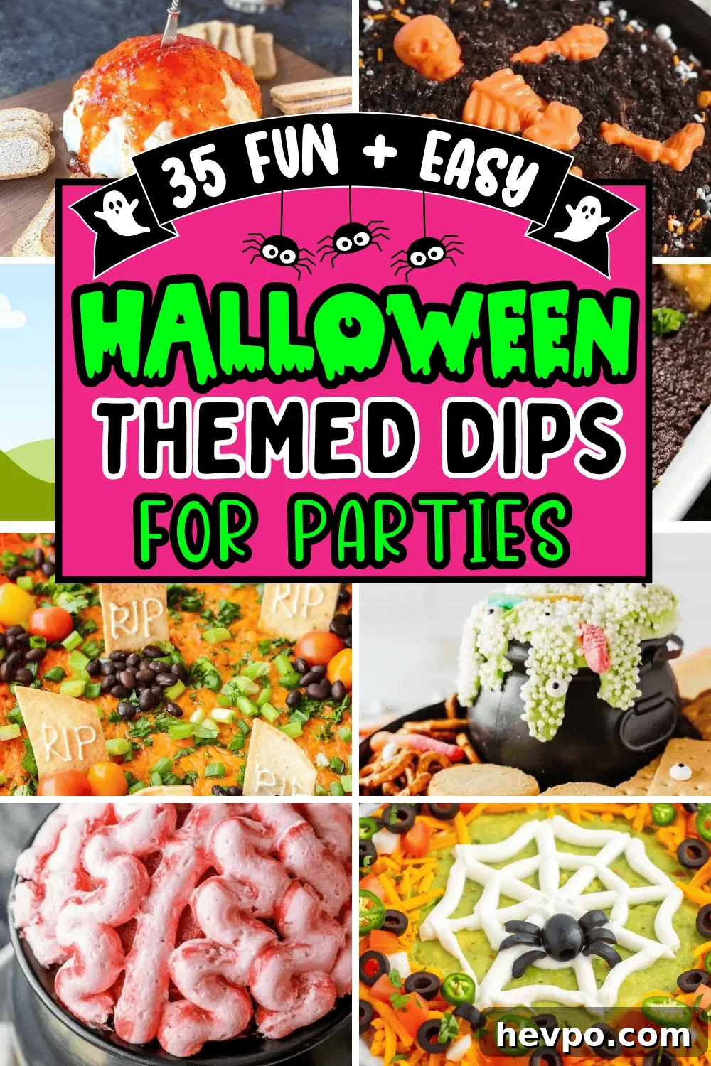 Easy Halloween dips for parties! Fun Halloween themed party dips including savory dip recipes and sweet dessert dips. From gross throw up queso dip and graveyard taco dip to cute halloween dessert dip for kids, you’ll love these easy halloween party appetizers. Cheap potluck ideas for Halloween, easy halloween desserts, halloween crockpot dip, creepy appetizers, adult halloween party food, halloween camping food ideas, simple halloween snacks, halloween charcuterie, spooky dips, movie night food