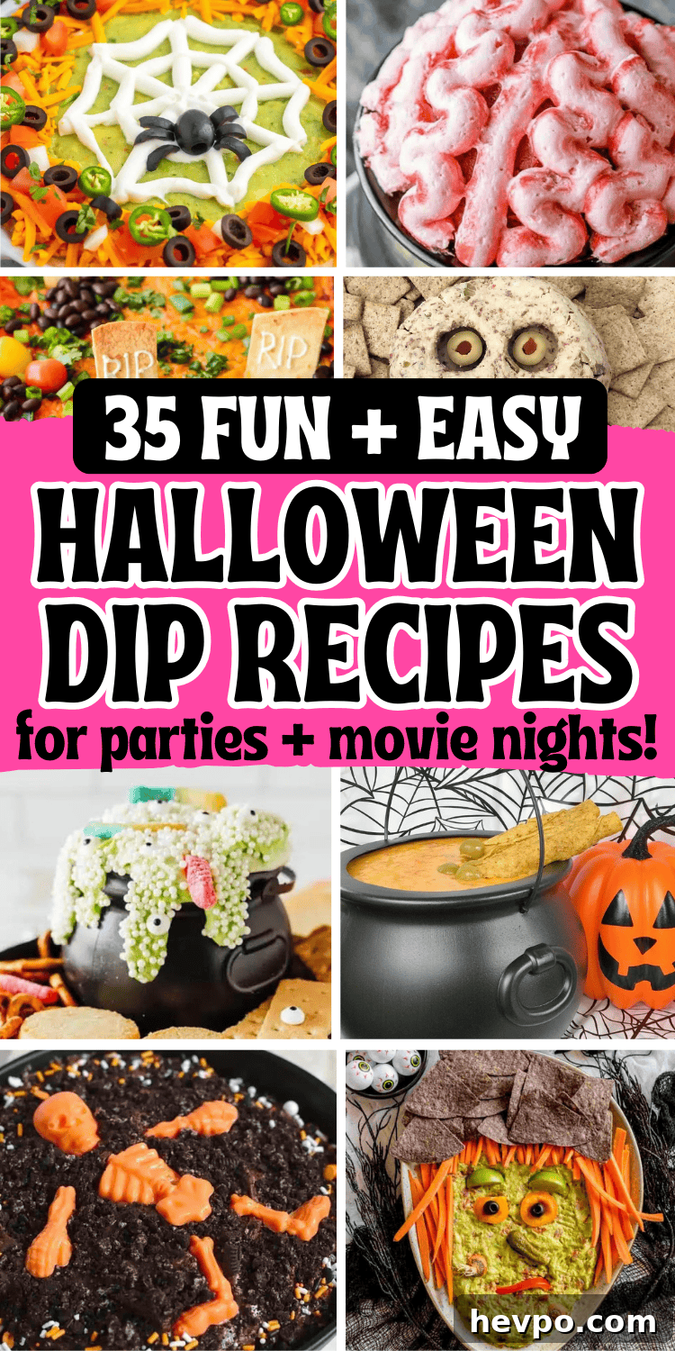 Easy Halloween dips for parties! Fun Halloween themed party dips including savory dip recipes and sweet dessert dips. From gross throw up queso dip and graveyard taco dip to cute halloween dessert dip for kids, you’ll love these easy halloween party appetizers. Cheap potluck ideas for Halloween, easy halloween desserts, halloween crockpot dip, creepy appetizers, adult halloween party food, halloween camping food ideas, simple halloween snacks, halloween charcuterie, spooky dips, movie night food