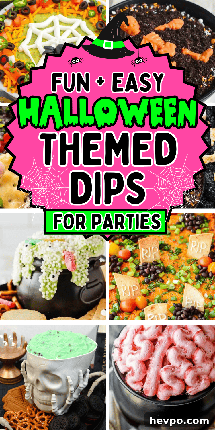 Easy Halloween dips for parties! Fun Halloween themed party dips including savory dip recipes and sweet dessert dips. From gross throw up queso dip and graveyard taco dip to cute halloween dessert dip for kids, you’ll love these easy halloween party appetizers. Cheap potluck ideas for Halloween, easy halloween desserts, halloween crockpot dip, creepy appetizers, adult halloween party food, halloween camping food ideas, simple halloween snacks, halloween charcuterie, spooky dips, movie night food