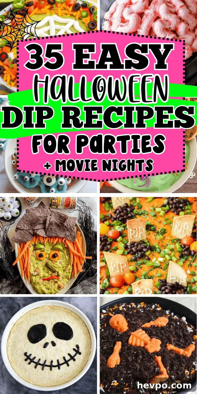 Easy Halloween dips for parties! Fun Halloween themed party dips including savory dip recipes and sweet dessert dips. From gross throw up queso dip and graveyard taco dip to cute halloween dessert dip for kids, you’ll love these easy halloween party appetizers. Cheap potluck ideas for Halloween, easy halloween desserts, halloween crockpot dip, creepy appetizers, adult halloween party food, halloween camping food ideas, simple halloween snacks, halloween charcuterie, spooky dips, movie night food