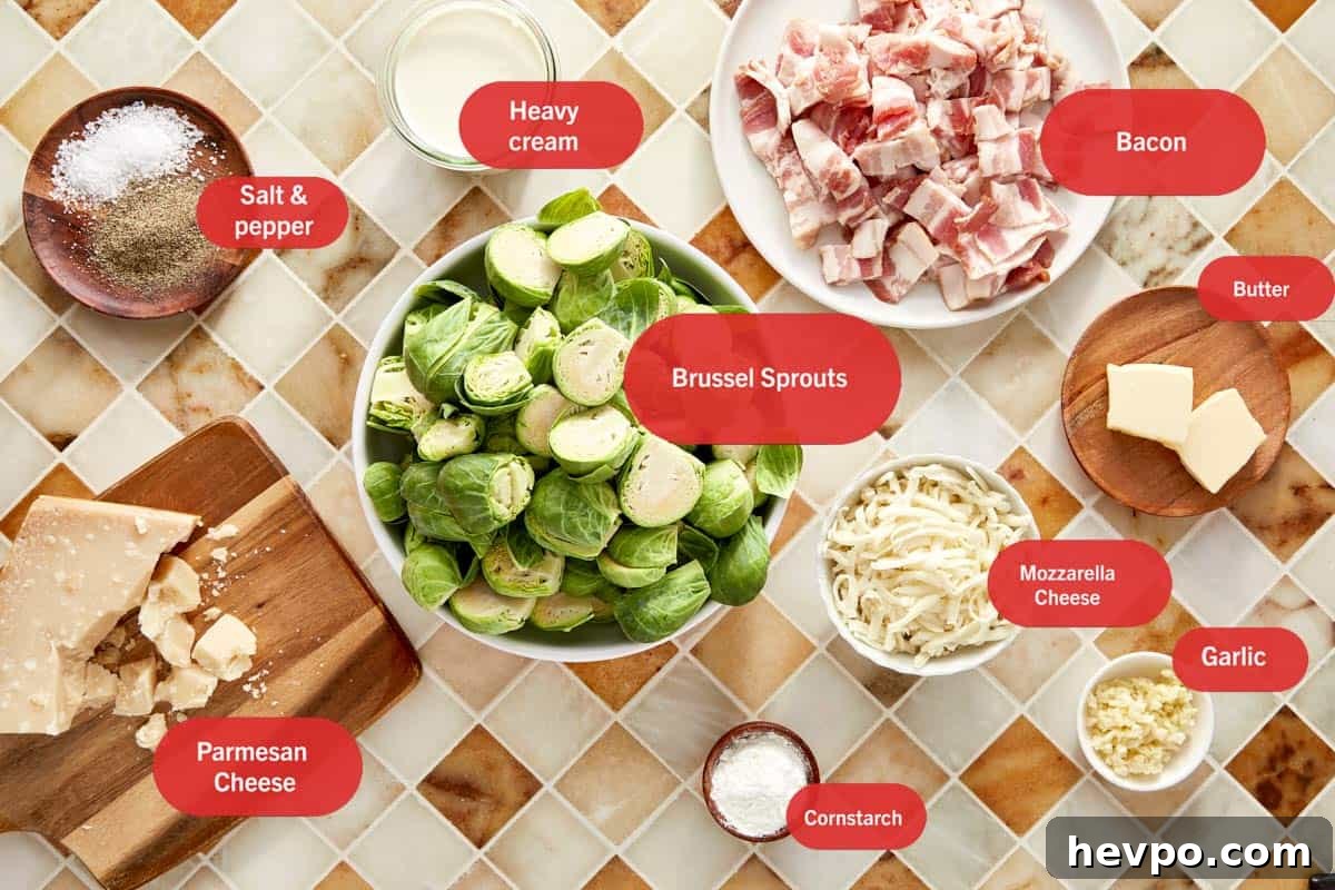 Crispy Bacon Brussels Sprouts Recipe: Roasted with Garlic and Honey 3 Flat lay of ingredients for creamy garlic parmesan Brussels sprouts with bacon.