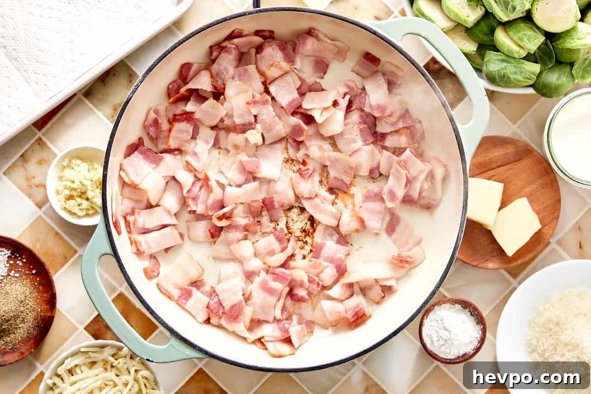 Crispy Bacon Brussels Sprouts Recipe: Roasted with Garlic and Honey 4 Raw bacon pieces in a skillet before cooking