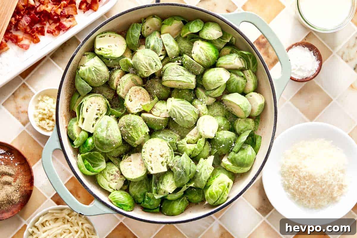 Crispy Bacon Brussels Sprouts Recipe: Roasted with Garlic and Honey 7 Fresh Brussels sprouts seasoned and ready to sauté