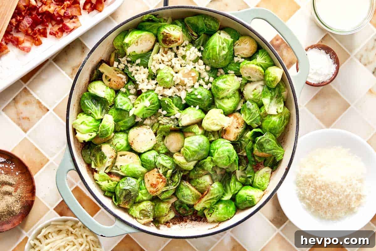 Crispy Bacon Brussels Sprouts Recipe: Roasted with Garlic and Honey 8 Brussels sprouts browning with fresh garlic