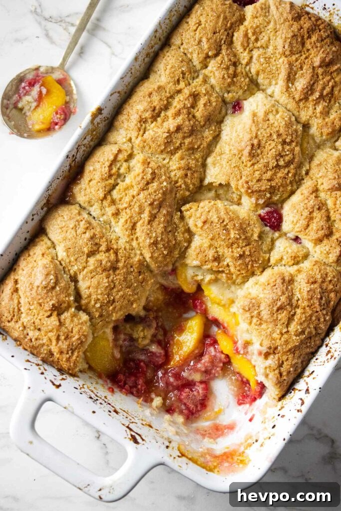 Raspberry and Peach Cobbler with Buttermilk Drop Biscuits 3 A 13 x 9 inch baking dish filled with a warm raspberry peach cobbler.