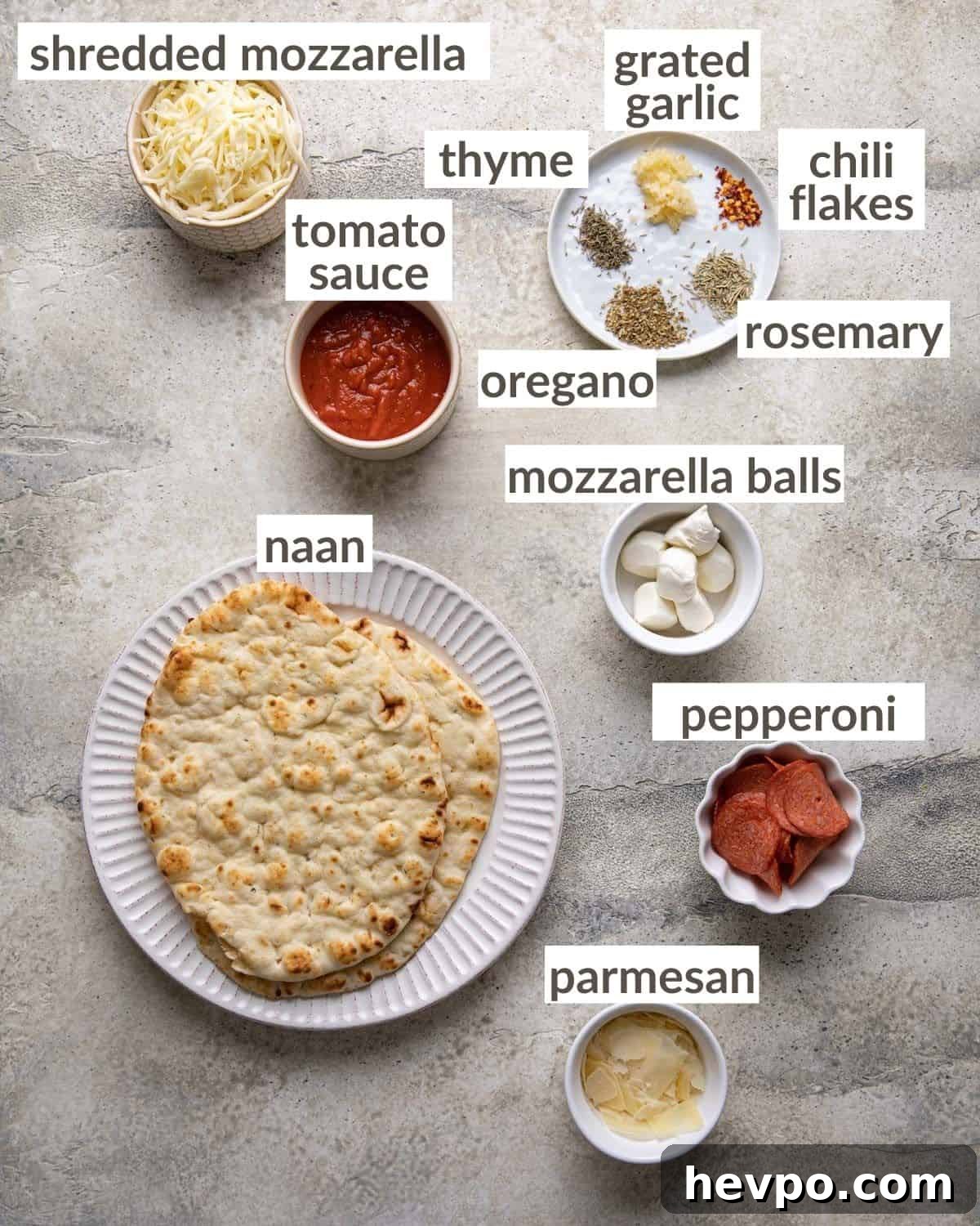 Pepperoni Naan Flatbread Pizza: Quick Homemade Recipe 3 overhead shot of ingredients