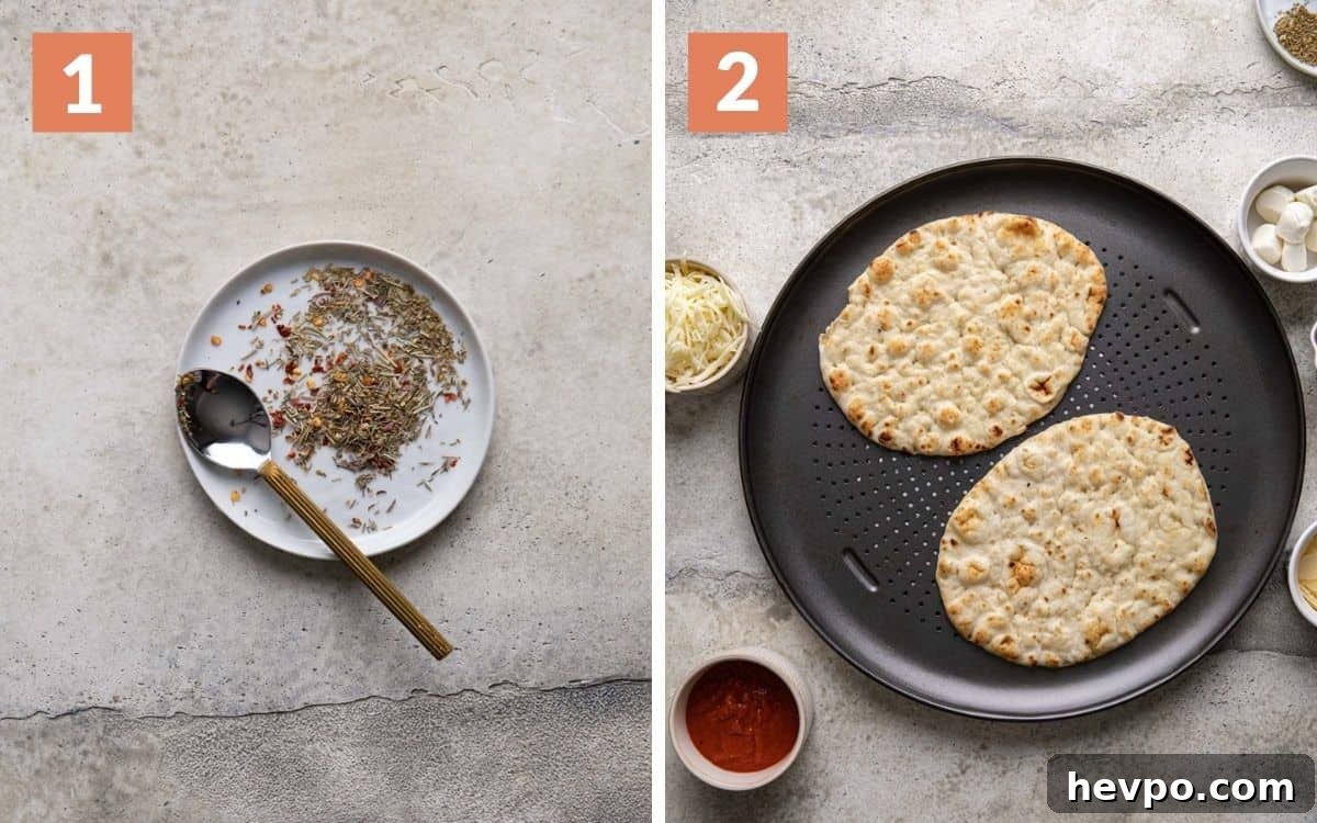 Pepperoni Naan Flatbread Pizza: Quick Homemade Recipe 4 steps 1 & 2 herb blend on plate naans on pizza pan