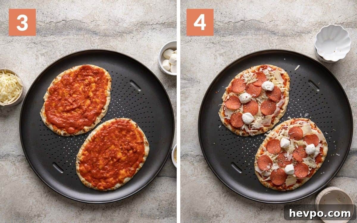 Pepperoni Naan Flatbread Pizza: Quick Homemade Recipe 5 steps 3 & 4 sauce and garlic on naans pizzas fully assembled uncooked