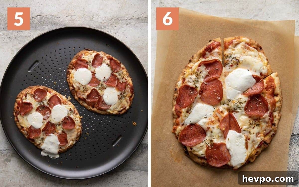 Pepperoni Naan Flatbread Pizza: Quick Homemade Recipe 6 steps 5 & 6 cooked pizzas on pizza pan sliced pizza on parchment paper