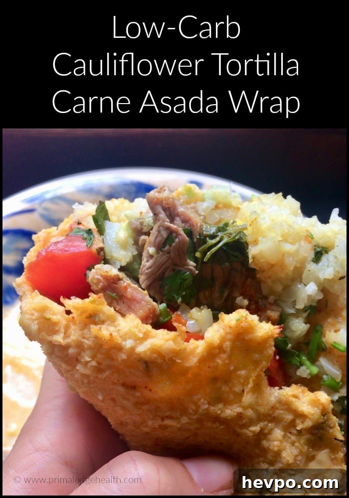 15-Minute Carne Asada with Cauliflower Rice Bowl 2 Low-carb cauliflower tortilla carne asada wrap.