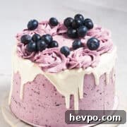 A blueberry layer cake topped with fresh blueberries.